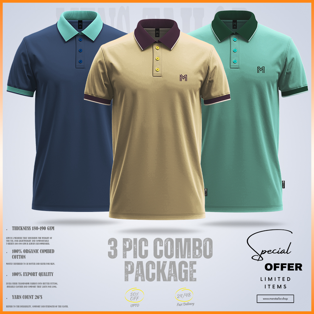 Premium Single Jersey Polo Shirt Combo Two ps cream-ps light green-ps blue