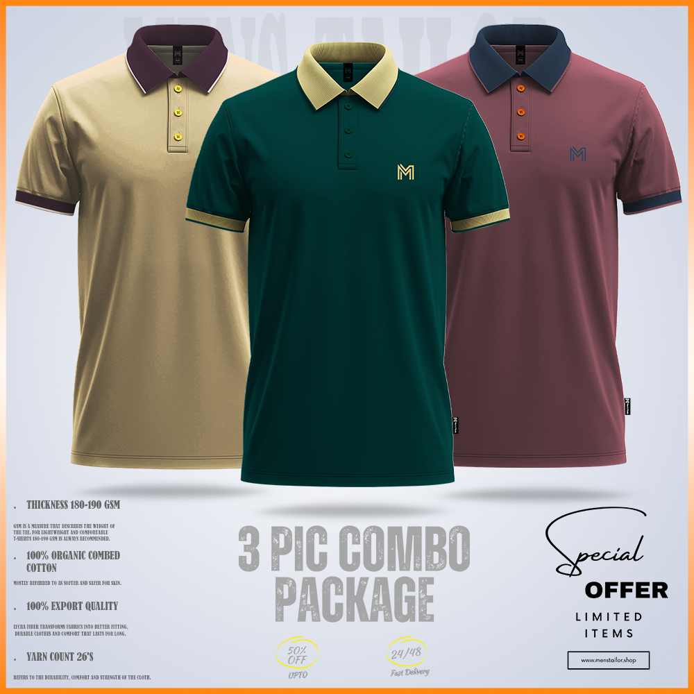 Premium Single Jersey Polo Shirt Combo One  ps cream-ps bottle green-ps maroon
