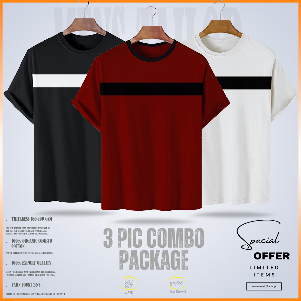 Soft Comfort Drop Shoulder Premium T-Shirt- 3 pic combo package four- cc white-cc maroon-cc black