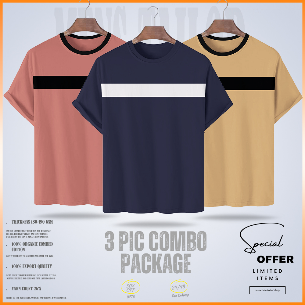 Soft Comfort Drop Shoulder Premium T-Shirt- 3 pic combo package three- cc piyaj-cc navy-cc brown