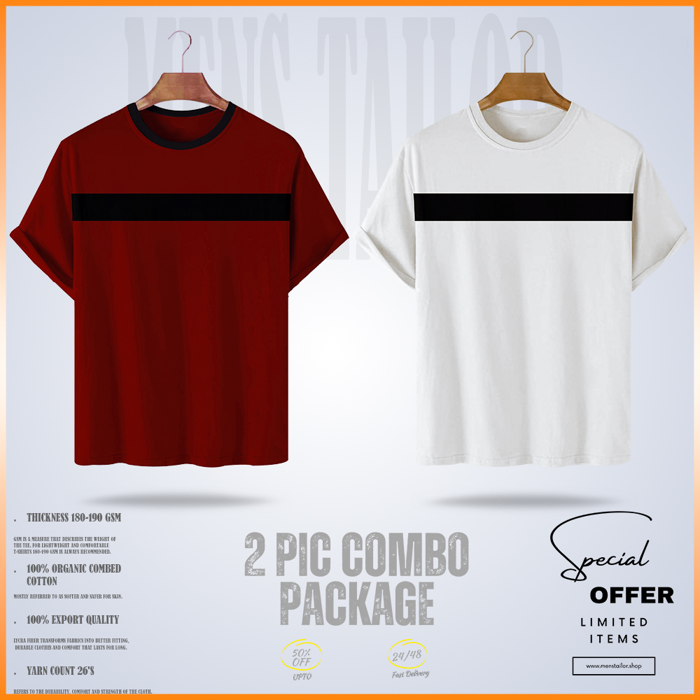 Soft Comfort Drop Shoulder Premium T-Shirt- 2 pic combo package four- cc maroon-cc white