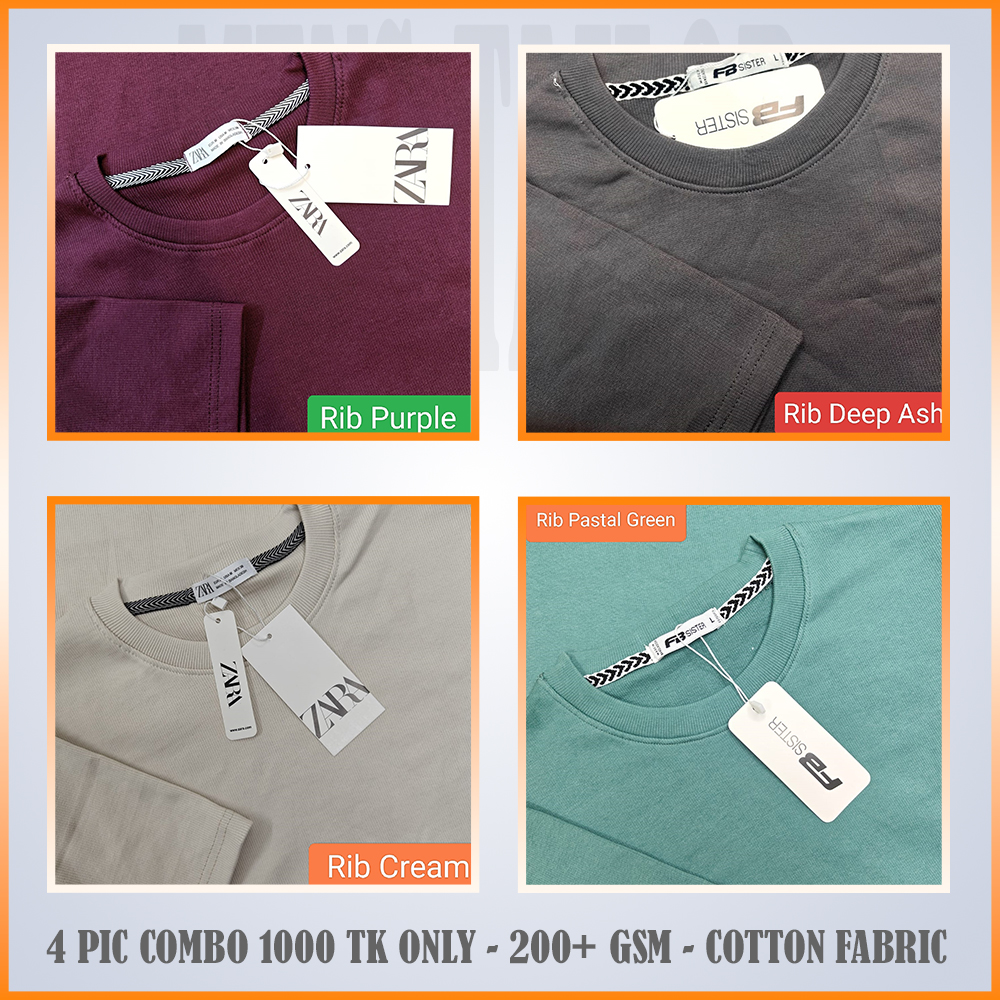 Super Comfort and Export Quality Rib Premium T-Shirt- one color combo- rib purple-rib deep ash-rib cream-rib pastal green