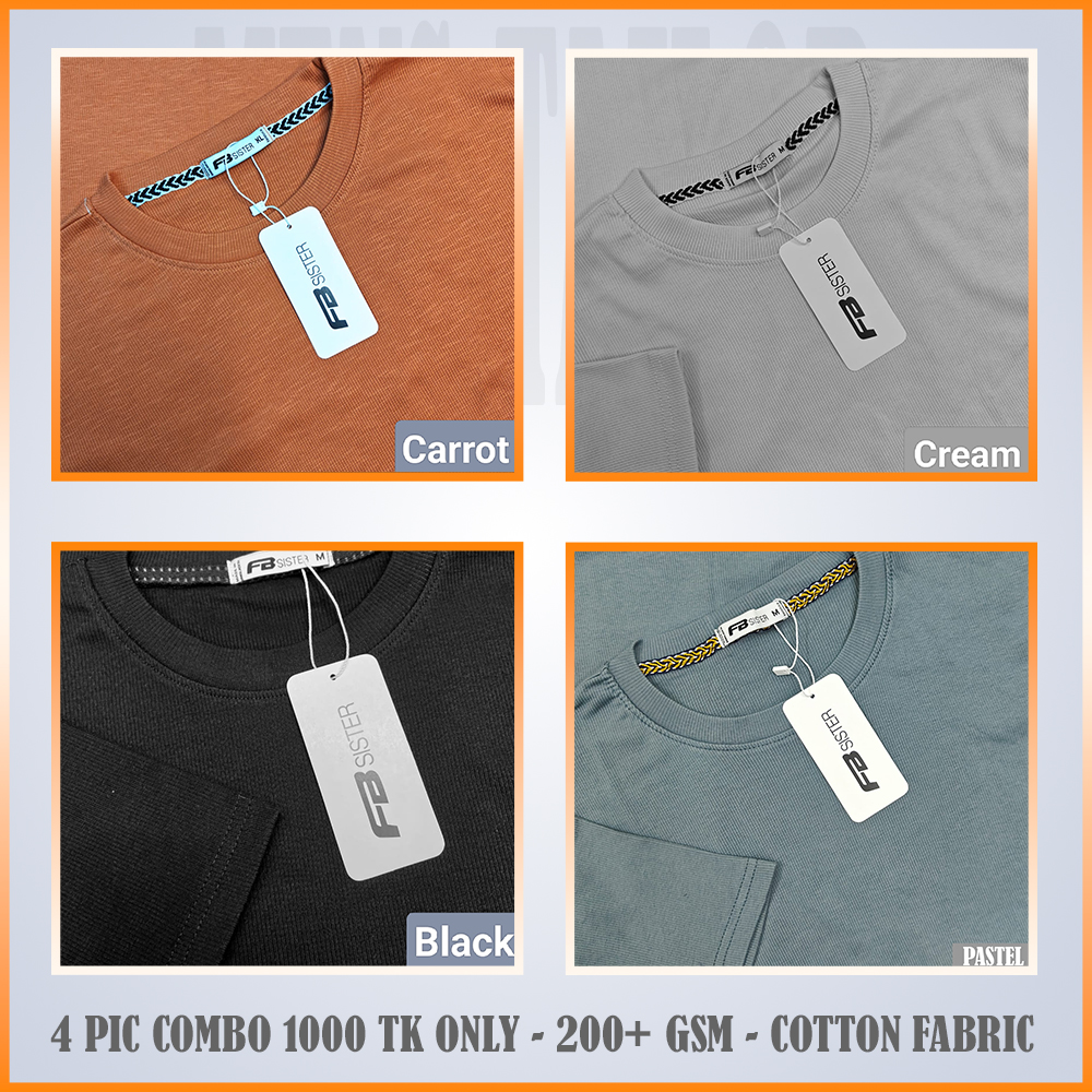 Super Comfort and Export Quality Rib Premium T-Shirt- one color combo- rib carrot-cream-black-pastel