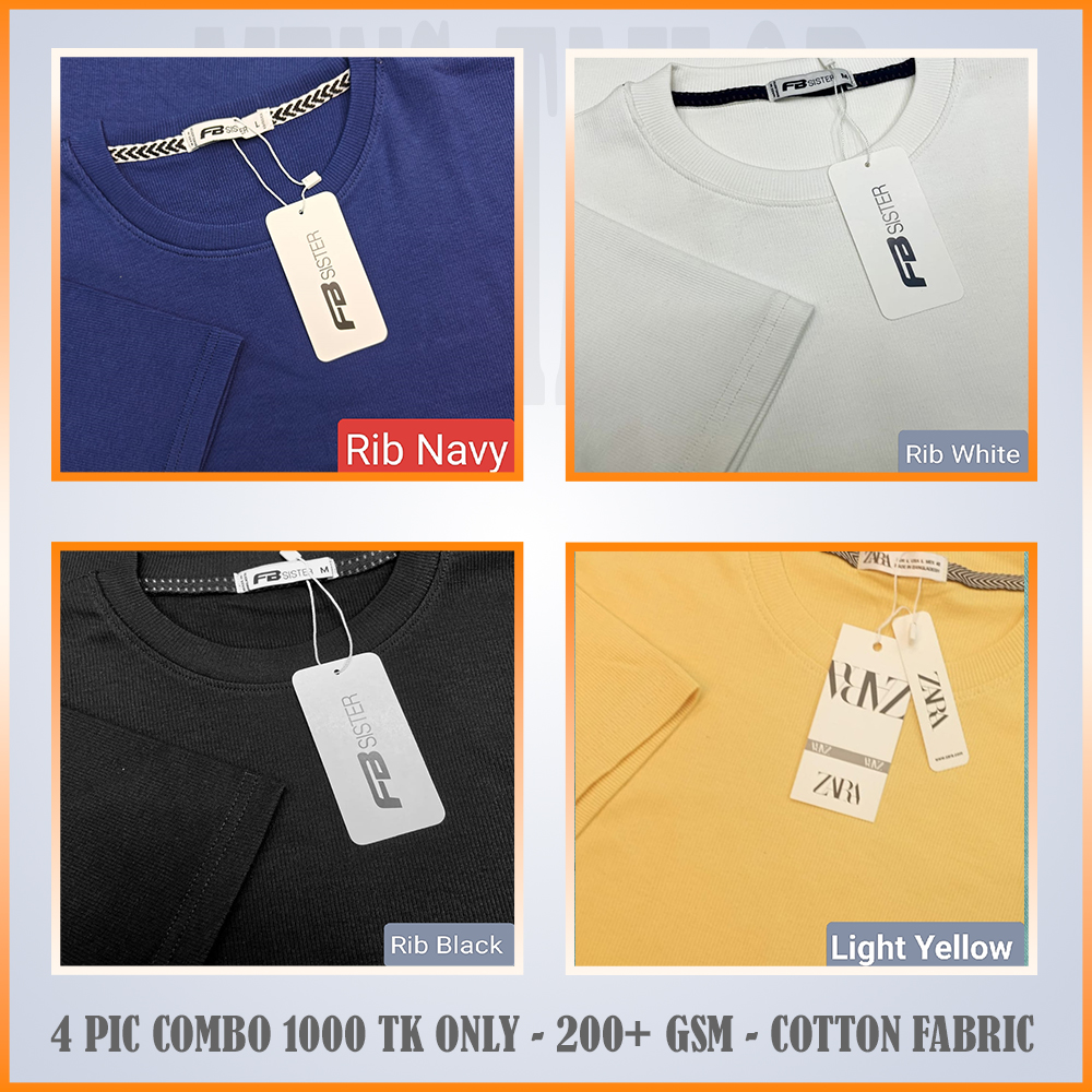 Super Comfort and Export Quality Rib Premium T-Shirt- one color combo- s rib black-navy-white-light yellow
