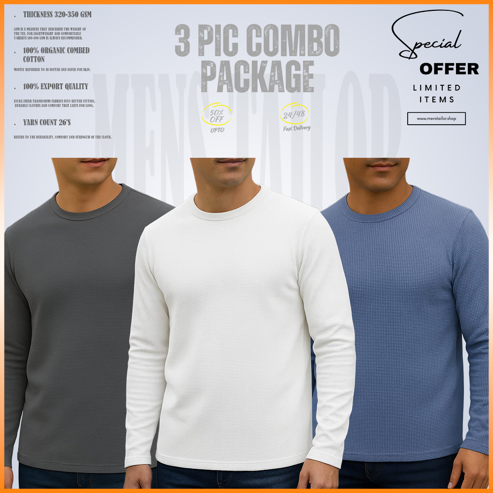 Full Sleeve 3 pic Combo Offer 300 GSM Waffle Fabric - White - Sky Blue - Charcoal