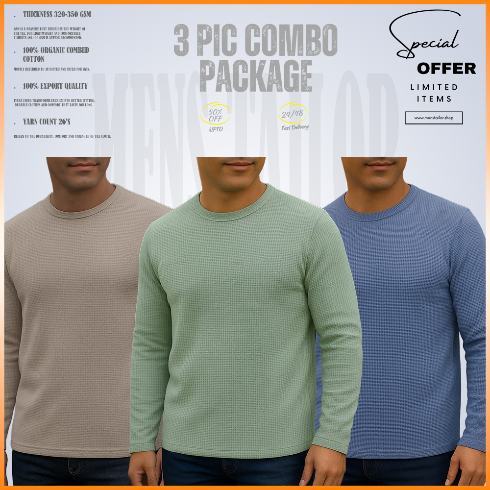 Full Sleeve 3 pic Combo Offer 300 GSM Waffle Fabric - Light Lemon - Sky Blue - Biscuit