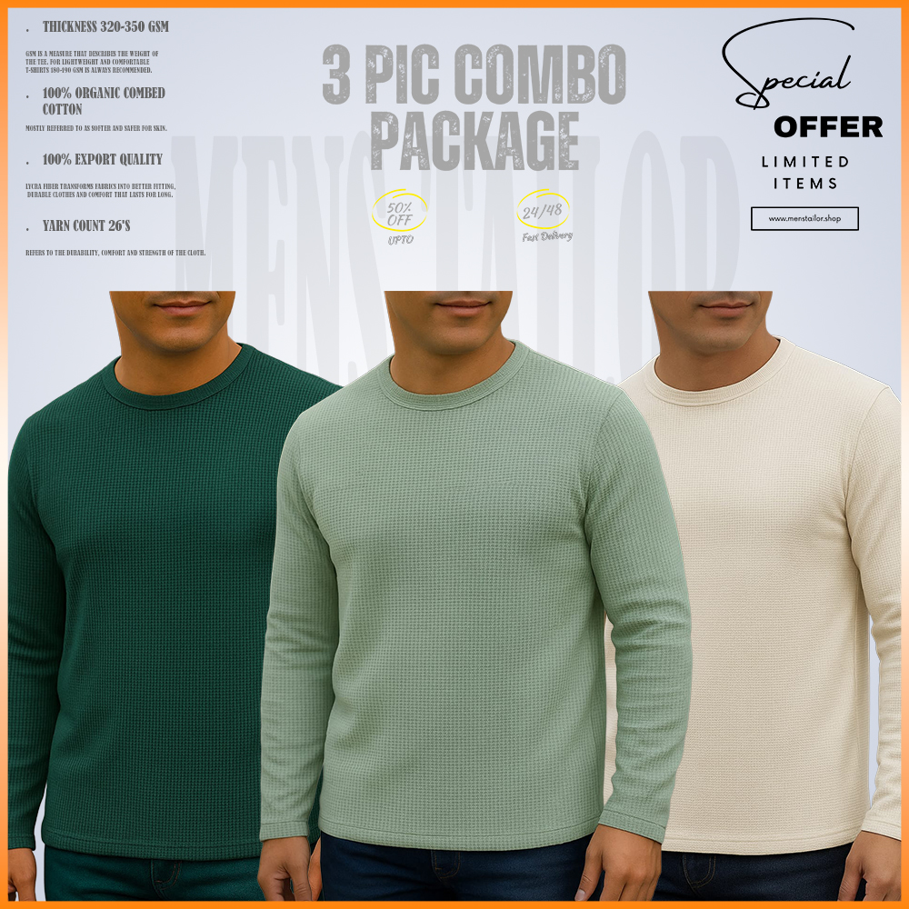 Full Sleeve 3 pic Combo Offer 300 GSM Waffle Fabric - Boul Green - Light Lemon - Cream