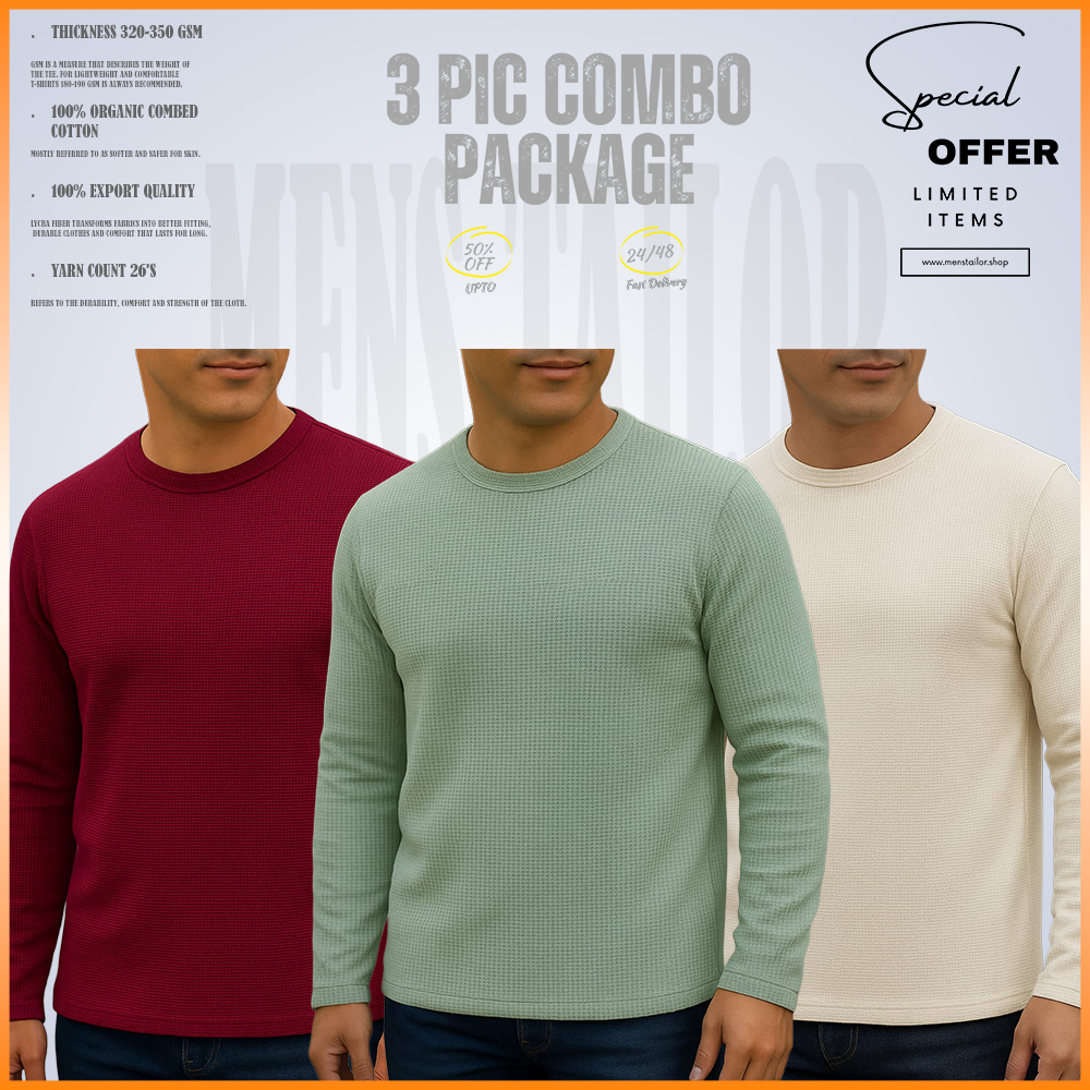 Full Sleeve 3 pic Combo Offer 300 GSM Waffle Fabric - Wine - Light Lemon - Cream