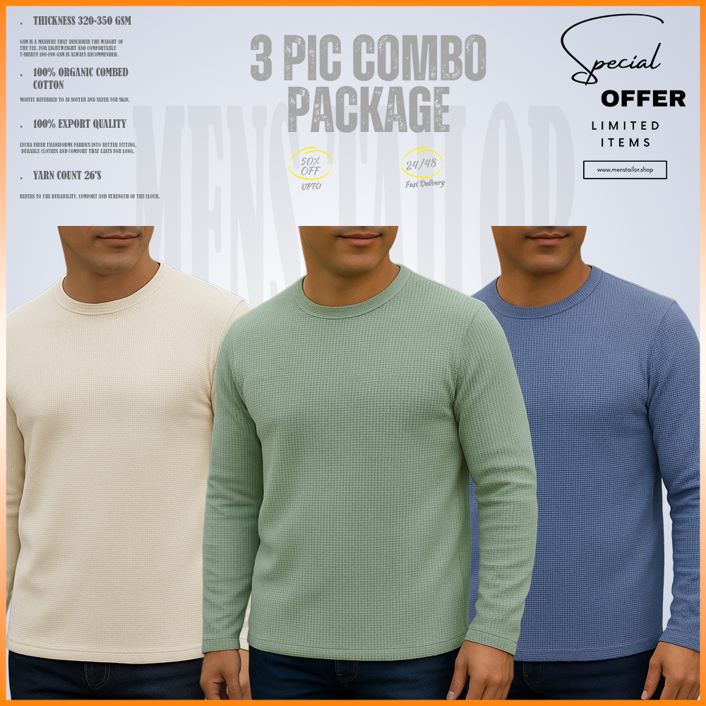 Full Sleeve 3 pic Combo Offer 300 GSM Waffle Fabric - Light Lemon - Sky Blue - Cream