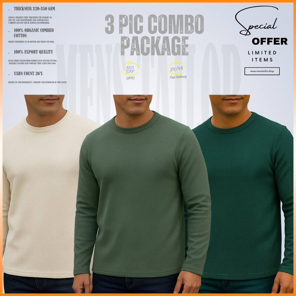 Full Sleeve 3 pic Combo Offer 300 GSM Waffle Fabric - Cream - Olive - Boul Green