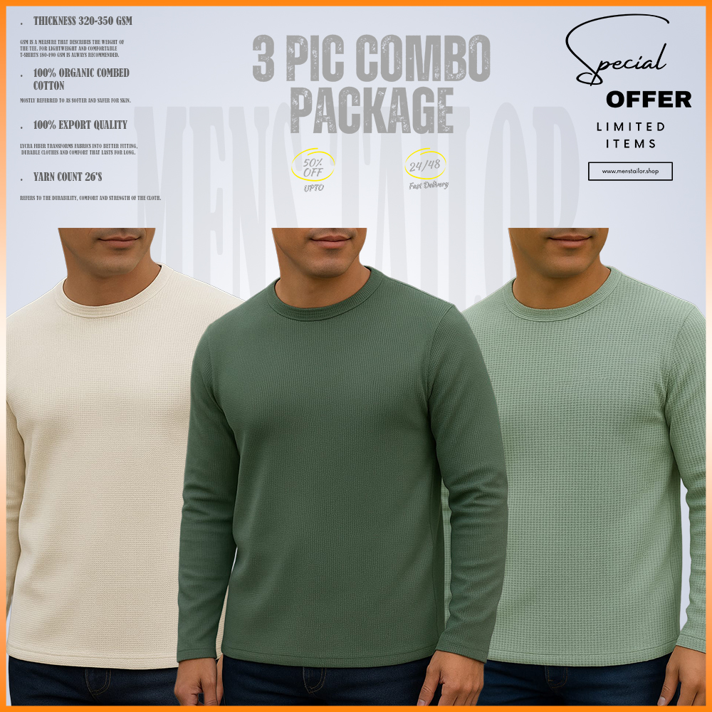Full Sleeve 3 pic Combo Offer 300 GSM Waffle Fabric -  Light Lemon - Cream - Olive