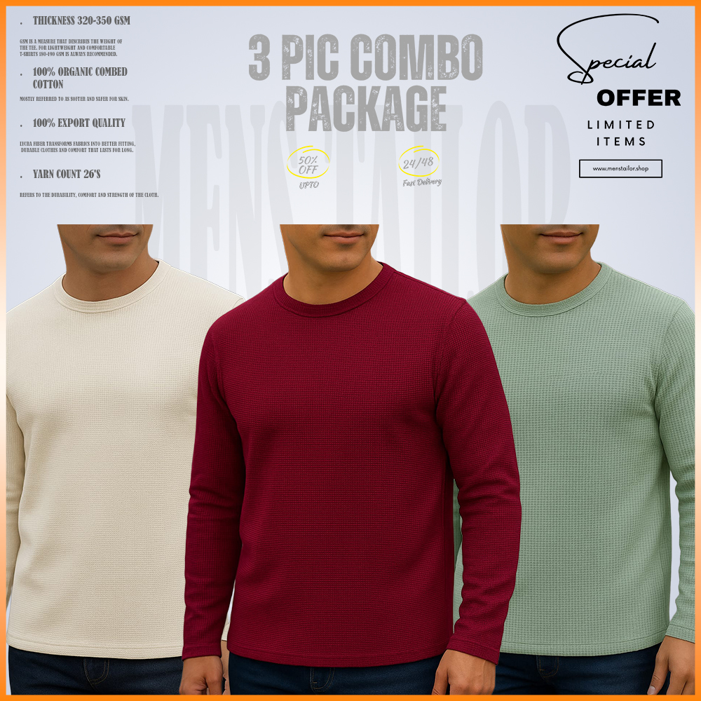 Full Sleeve 3 pic Combo Offer 300 GSM Waffle Fabric - Wine - Light Lemon - Cream