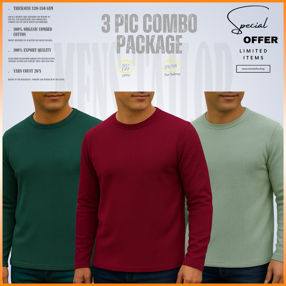 Full Sleeve 3 pic Combo Offer 300 GSM Waffle Fabric - Boul Green - Wine - Light Lemon