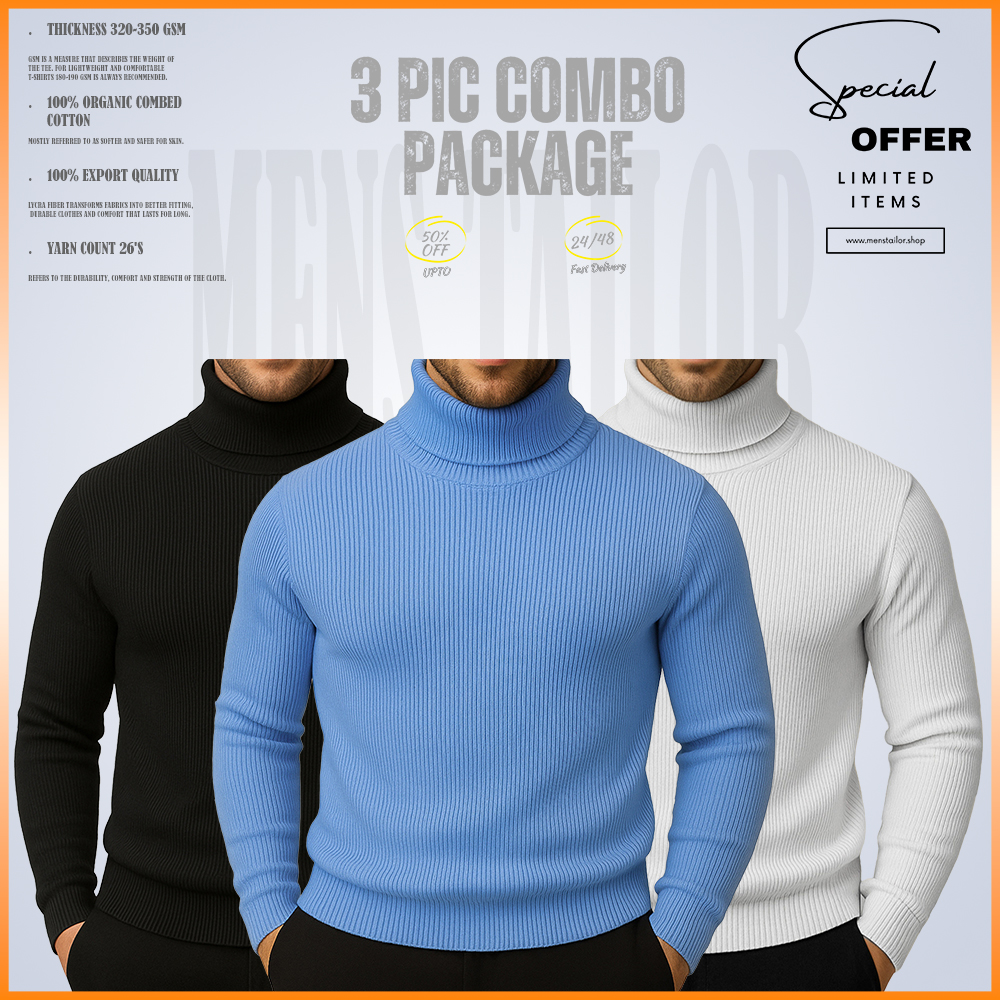 𝐓𝐮𝐫𝐭𝐥𝐞 𝐍𝐞𝐜𝐤 3 pic Combo Offer 320+ GSM Rib 2/2 Fabric  - Black - Sky Blue - White