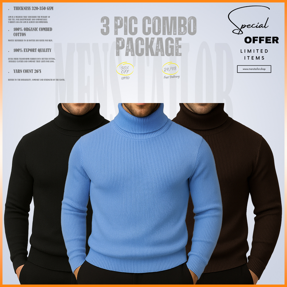 𝐓𝐮𝐫𝐭𝐥𝐞 𝐍𝐞𝐜𝐤 3 pic Combo Offer 320+ GSM Rib 2/2 Fabric - Black - Sky Blue - Coffe