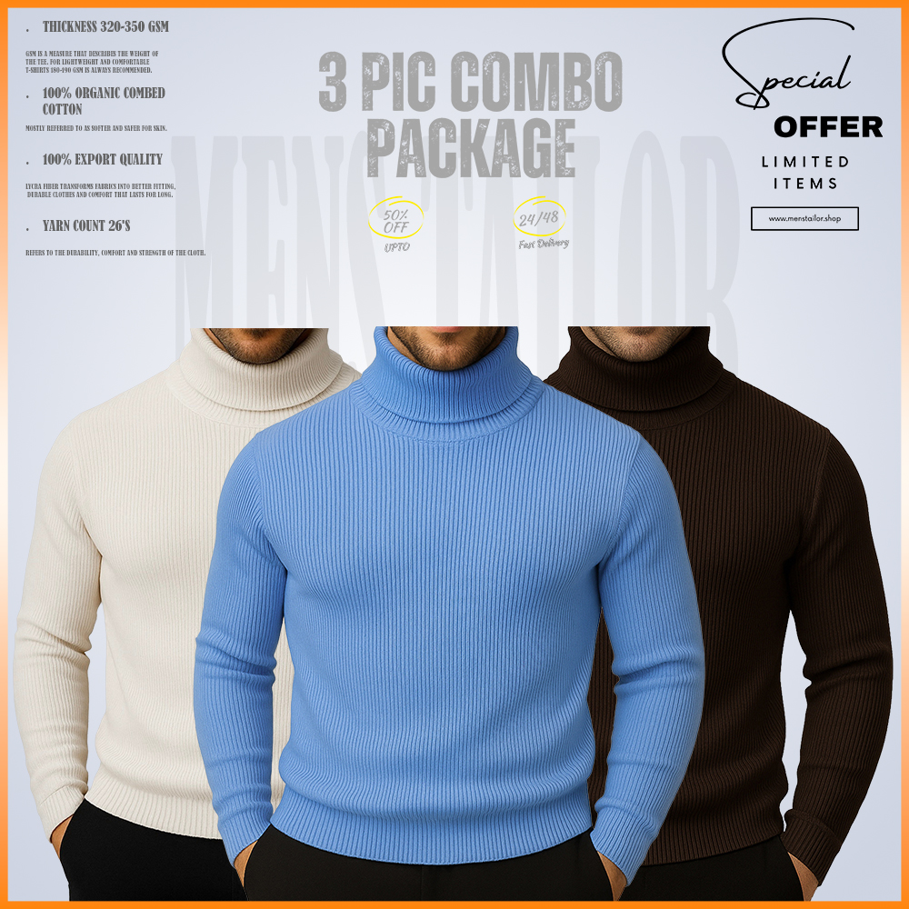 𝐓𝐮𝐫𝐭𝐥𝐞 𝐍𝐞𝐜𝐤 3 pic Combo Offer 320+ GSM Rib 2/2 Fabric - Cream - Sky Blue - Coffe