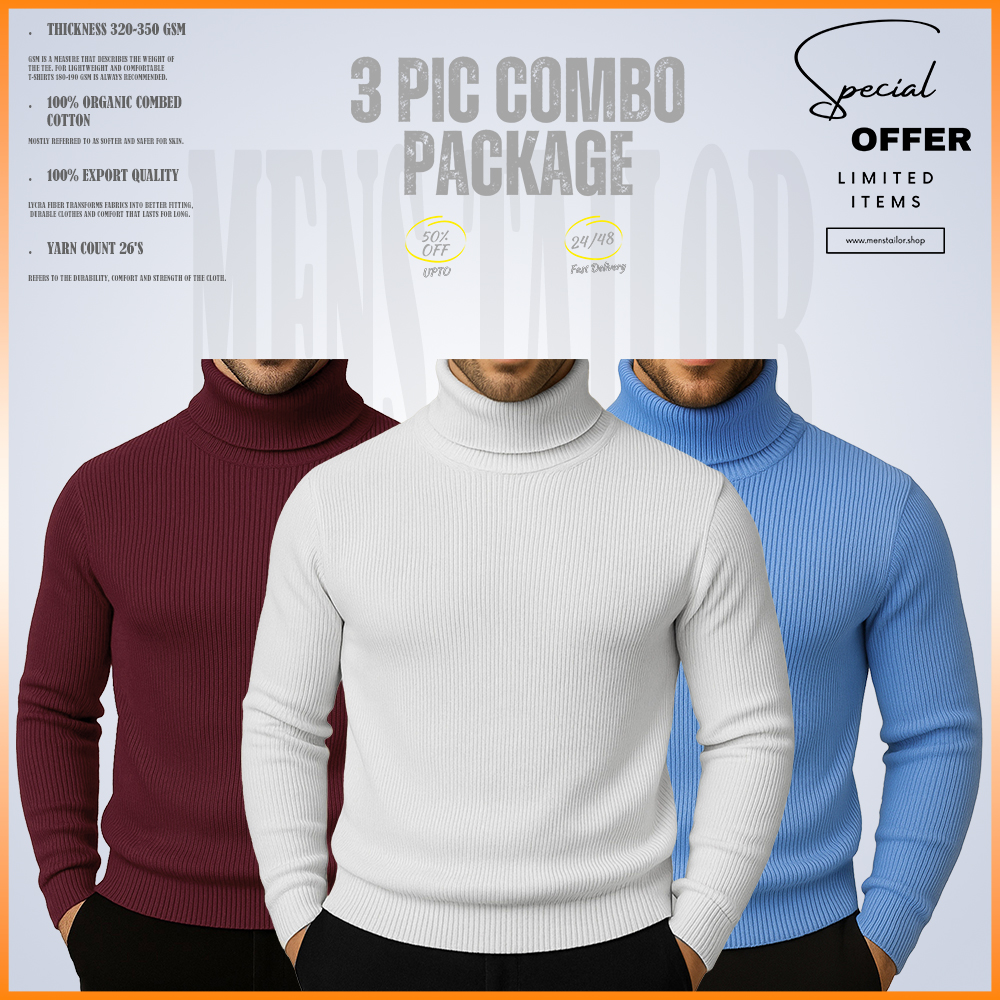𝐓𝐮𝐫𝐭𝐥𝐞 𝐍𝐞𝐜𝐤 3 pic Combo Offer 320+ GSM Rib 2/2 Fabric -  Maroon - White - Sky Blue