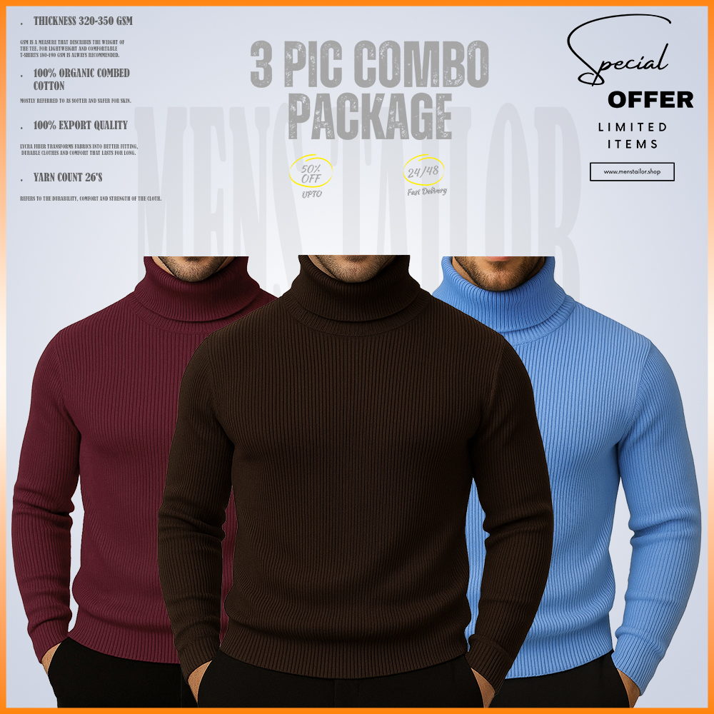 𝐓𝐮𝐫𝐭𝐥𝐞 𝐍𝐞𝐜𝐤 3 pic Combo Offer 320+ GSM Rib 2/2 Fabric - Maroon - Coffe - Sky Blue