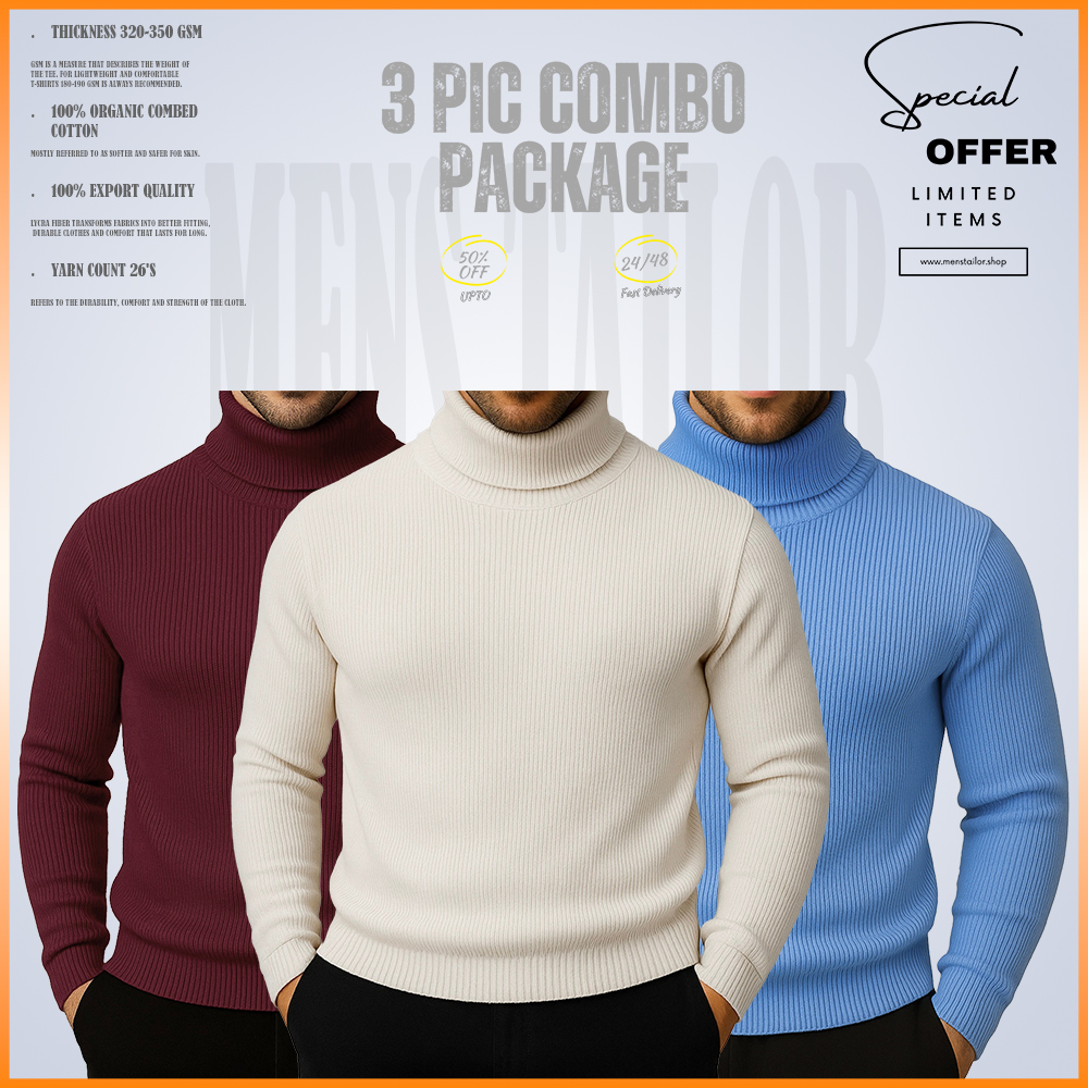 𝐓𝐮𝐫𝐭𝐥𝐞 𝐍𝐞𝐜𝐤 3 pic Combo Offer 320+ GSM Rib 2/2 Fabric - Maroon - Cream - Sky Blue