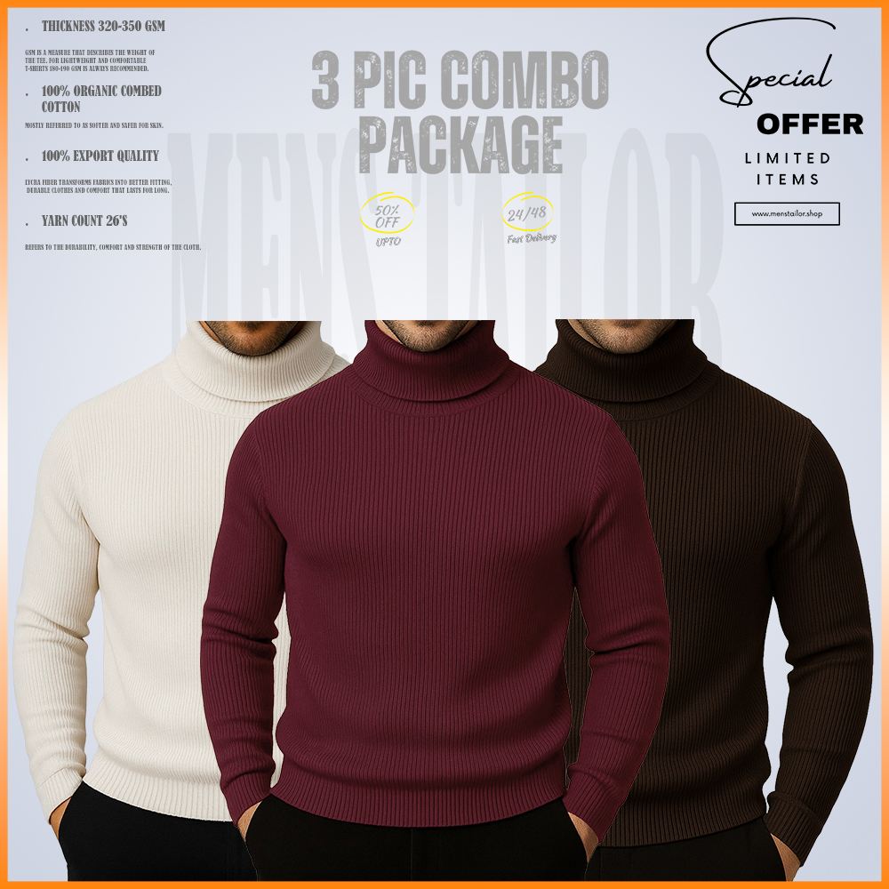 𝐓𝐮𝐫𝐭𝐥𝐞 𝐍𝐞𝐜𝐤 3 pic Combo Offer 320+ GSM Rib 2/2 Fabric - Maroon - Cream - Coffe