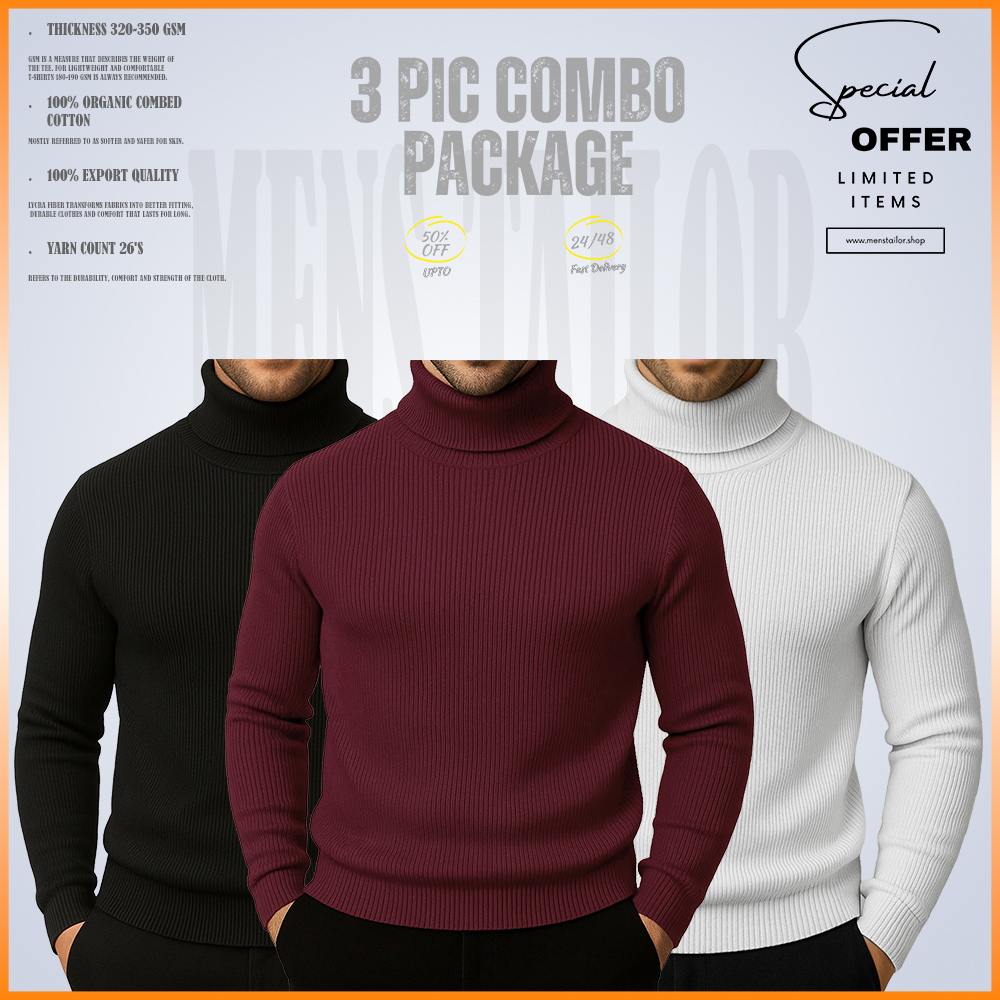 𝐓𝐮𝐫𝐭𝐥𝐞 𝐍𝐞𝐜𝐤 3 pic Combo Offer 320+ GSM Rib 2/2 Fabric - Black -Maroon - White